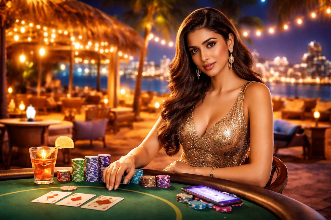 Goa beach with people playing Teen Patti